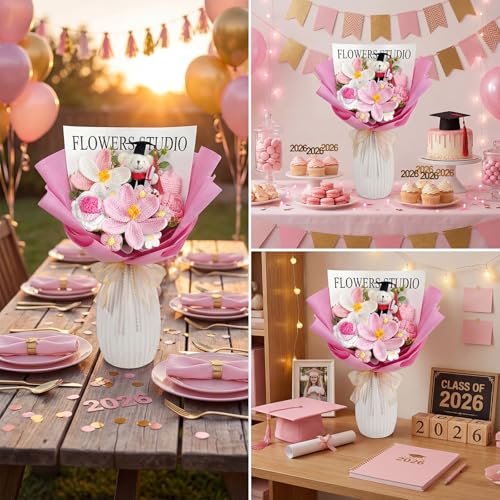 Giegxin Graduation Crochet Flowers Bouquet Set 2026 Grad Cap Plush Bear Hand Knitted Tulip Daisy Sunflower Rose Bouquet Greeting Card Gift Bag for Wedding Birthday Party Favors (Pink) - color: Pink