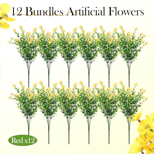 12 Pack Artificial Flowers & Plants for Outdoor Decor - Faux Eucalyptus & Lavender Greenery Shrubs - Fake Plants for Garden, Porch, Patio, Cemetery - Spring & Autumn Home Decoration - color: Yellow