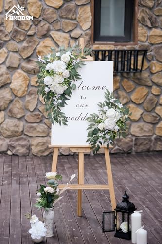 Wedding Welcome Signs Floral(Pack of 2)，Wedding Arch Flowers for Wedding Decorations and Reception Backdrop Decoration (New White) - color: New White