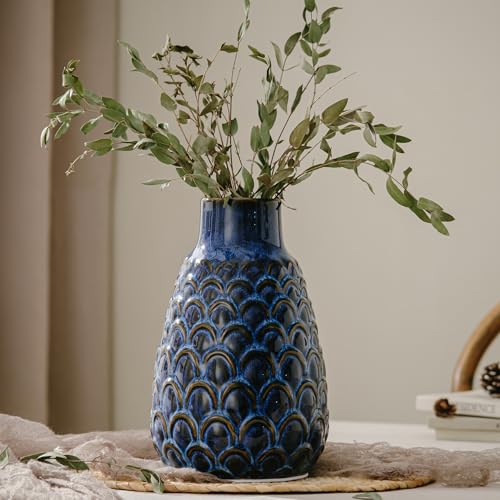 Ceramic Flower Vase, 9.06” Vintage Blue Pottery Vase for Home Decor, Rustic Textured Vase for Pampas Grass, Living Room, Entryway, Mantel, Kitchen Table, Centerpiece - color: 403-blue