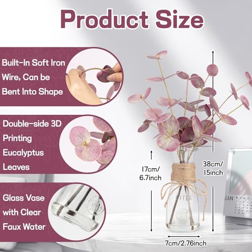 Artificial Eucalyptus Stems in Glass Vase with Faux Water, 15" Realistic Fake Plants for Bathroom Counter Decor, Small Faux Greenery for Coffee Table Centerpieces, Office Desk and Shelf Decor - color: Double-sided Red Eucalyptus