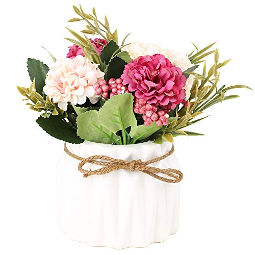 SUPNIU Artificial Hydrangea Bouquet with Small Ceramic Vase Fake Silk Variety Flower Balls Flowers Decoration for Table Home Party Office Wedding (Green) - color: Green