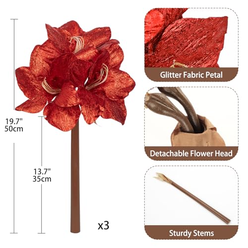 Briful Amaryllis Artificial Christmas Flower Stems, 19.7" Red Glitter Faux Amaryllis with Detachable Heads for Xmas Home Party Wedding Bouquet Vase Arrangement Decor - color: Red