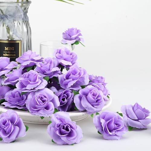 Yinsun 50pcs Mini Purple Roses Artificial Flower Heads, 1.57” Silk Fake Flowers for DIY Wedding Bridal Shower Baby Shower Party Centerpieces Decoration - color: Purple, size: 1.57 Inch
