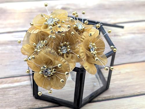 72PC Artificial Organza Flower Rhinestone Pick for Home Craft Decor DIY Wedding Bridal Veil Headband Dress Cake Topper Embellishment Scrapbook Favor Corsage Floral Bouquet Arrangement (Gold) - color: Gold