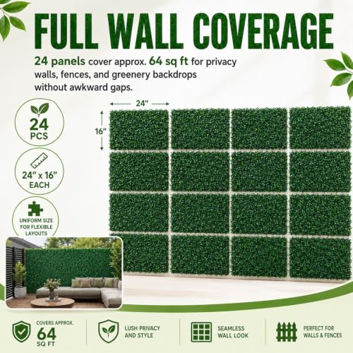 Juexica 24 Pcs Artificial Boxwood Hedge Panels 24" x 16", UV Protected Faux Greenery Wall for Privacy Screen Backdrop Wedding Bridal Shower Birthday Party Patio Fence Decor(16 x 24,24 Pcs) - size: 16 x 24"