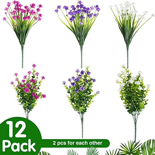 WILLBOND 12 Bundles Artificial Flowers Outdoor, UV Resistant Faux Artificial Plants Shrubs Plastic Flower Bulk for Hanging Planter Porch Window Home Spring Summer Decor(Fuchsia, White, Purple) - color: Fuchsia, White, Purple