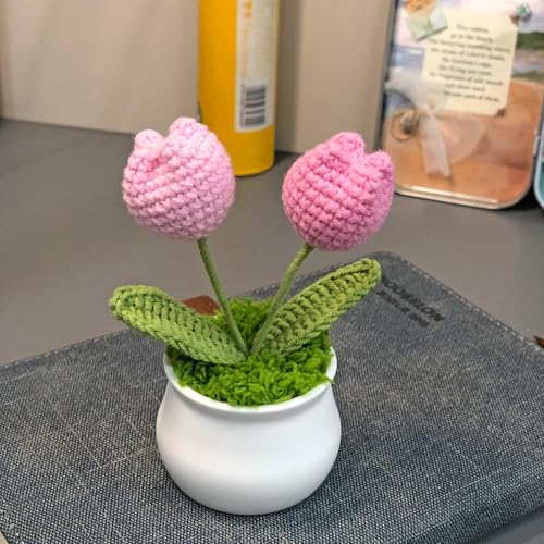 Joekaran Crochet Flowers Cute Little Potted Flower, Gift for Birthday, Teacher’s Day, Graduation, Anniversary, Christmas, Decor for Car Dashboard,Home Office Decoration (Pink Gradient Tulips) - color: Pink Gradient Tulips