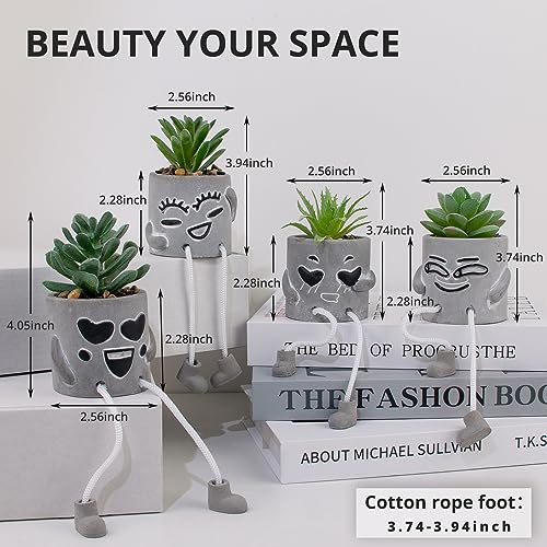 4 Pack Artificial potted Succulent Plants with Hanging Legs, Fake Mini Succulents in Pots, Faux Small Plants for Office Desk, Kitchen, Bathroom, Home Shelf Decor, Funny Office & Home Decor Accents - color: 4small-smile-green