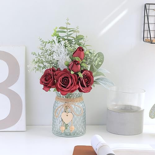 Faux Flowers with Vase,Artificial Silk Roses in Vase, Fake Plant Eucalyptus Flower Arrangement for Home Office Farmhouse Bathroom Dining Table Centerpiece Decorations Coffee Table Decor (Burgundy) - color: Burgundy