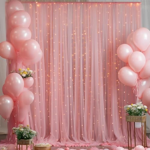 10ft x 10ft Dusty Rose Backdrop Curtain with Lights String for Parties, Sheer Tulle Wedding Photo Backdrops Drapes for Baby Shower Birthday Party Decorations Background for Photography - color: Dusty Rose, size: W5' x H10'(2 panels)