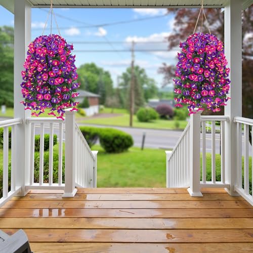 Artificial Fake Hanging Flowers Plants for Outdoor Outside Spring Summer Decoration 2PCS Faux Silk UV Resistant Realistic Morning Glory Trailing Vines for Home Porch Patio Balcony(Purple & Magenta) - color: Purple & Magenta, size: 2Pcs