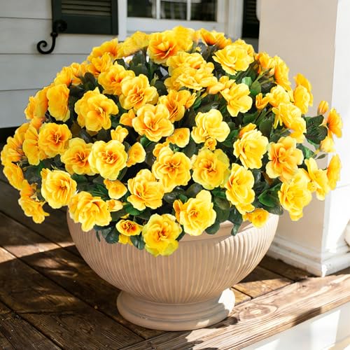 Ivydale Artificial Fake Flowers Plants for Outdoor Outside Spring Decor, Faux Silk Yellow Camellia UV Resistant Look Real for Planter Pot Porch Patio Balcony Garden Yard, 3 Large Bundles - color: Yellow