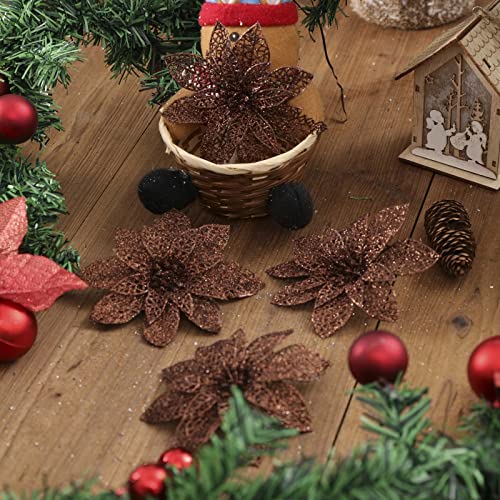Wironlst 24 Pieces Glitter Poinsettia Flowers Christmas Tree Ornaments, Glitzy Poinsettia Bushes Christmas Decorations for Xmas/Holiday/Seasonal/Wedding (Brown) - color: Brown
