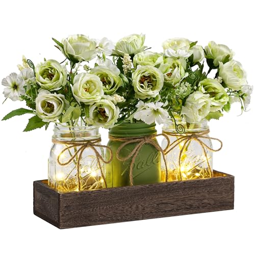 3 Pcs Mason Jar Centerpiece Table Decorations for Dining Farmhouse Coffee Table Decor with Wood Tray and Led Light Table Centerpieces for Dining room Kitchen Living Bathroom,Green - color: Green