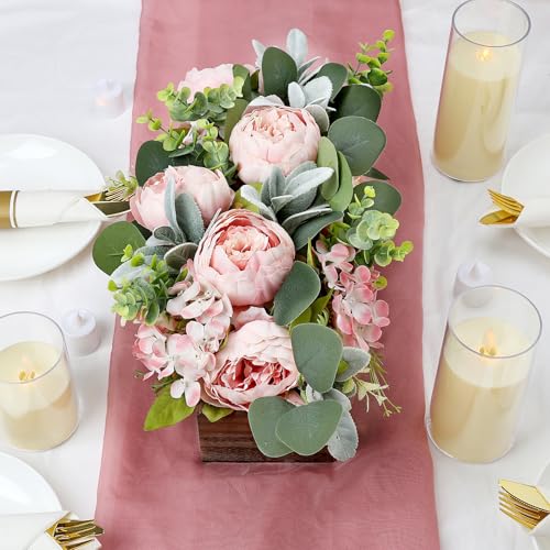 Pink Floral Centerpieces for Table, Pre-Made Artificial Peonies Hydrangea Centerpieces for Dining Table Wood Fake Flower Decorations for Wedding Living Room Party Bar Kitchen Table - color: Pink