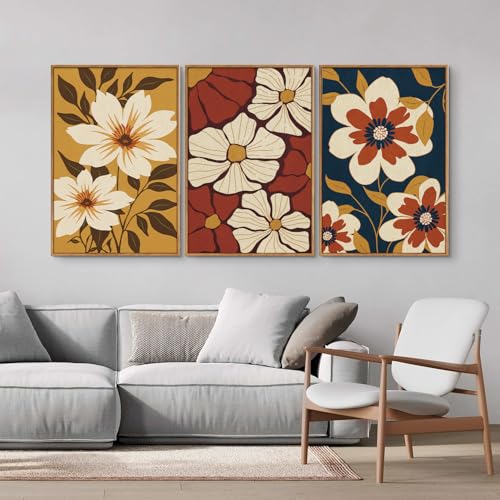 Rantodecor Large Vintage Floral Framed Canvas Wall Art Set, Mid Century Modern Wall Decor, Minimalist Retro Flowers Art Paintings, Beige Neutral Botanical for Bedroom Living Room Office 16"x24"x3 - color: Large Vintage Floral, size: 24"x16"