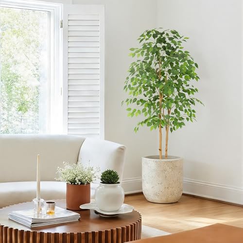 Bellacat 6ft Ficus Tree Artificial with Double Real Wood Trunks, 72in Faux Ficus Tree with Lifelike Leaves, Fake Ficus Tree for Living Room Bedroom Office Decor - color: Green With Double Trunks, size: 6ft
