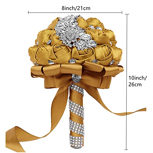 XINNI Handmade Bridal Wedding Bouquet Bride Bridesmaid Satin Rose Flower Bouquet with Meteor Shower Shape Rhinestone Wedding Decoration Light Gold - color: Light Gold