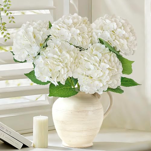 Real Touch White Hydrangea Artificial Flowers with Stems, Fake Silk Flowers for Outdoors, 3 Pcs Artificial Flowers for Home Decor Wedding Bouquets Centerpieces Vase - color: White, size: 3 Pcs