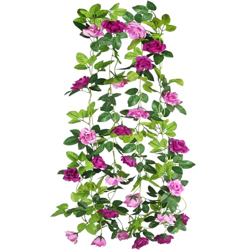 2 Pcs Artificial Rose Garland Spring Flowers Vines Hanging Outdoors Silk Rose Vine 15.8ft Silk Flowers Rose Ivy Vines Flower Garland for Backdrop Bedroom Wedding Arch Decor Wall Party Home Pink - color: Fuchsia