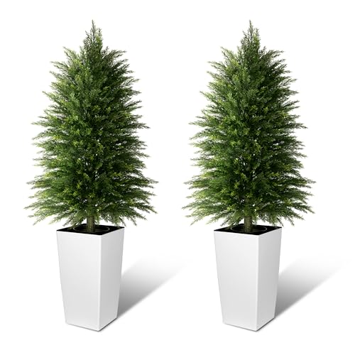 4FT Tall 2 Pack Artificial Cedar Topiary Trees with Full Bushy Columnar Shape, Realistic Faux Cypress in Square White Pot with Fillable Water Bag, Outdoor Evergreen for Front Porch Garden Home Decor - color: White-columnar Arbor, size: 4ft-2pack