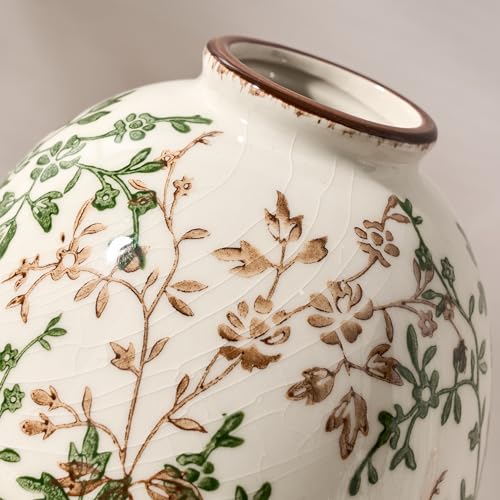 Green and Beige Antique Vase, 5.83 Inch Vintage Chinoiserie Floral Vase, Rustic Ceramic Vase for Home Decor, Living Room, Bookshelf, Office, Entryway, Garden, Chinoiserie Decor, Tuscan Decor - color: Beige and Green- 5.83"