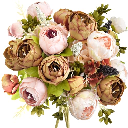 FiveSeasonStuff Artificial Peony Bouquets, 2 Silk Flower Bundles in Mixed Pale Pink & Tawny Brown with Hydrangeas for Wedding Centerpieces & Home Decor - color: Mixed Pink and Brown