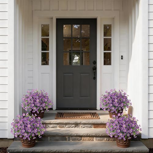 VIERENA 2 Set of Artificial Morning Glory & Eucalyptus Topiary Trees - Faux Silk Flower Potted Plants, UV-Resistant Fake Outdoor Morning Glory Bushes for Front Door, Farmhouse, Garden Decor (Purple) - color: Purple