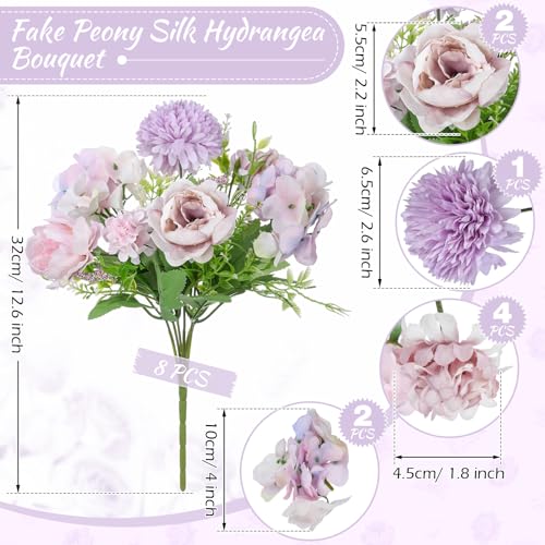 Lyrow 8 Pcs Peony Artificial Flowers Fake Silk Hydrangea Bouquet Elegant Peony Flowers for Wedding Decoration Faux Realistic Floral for Home Party Table Centerpieces Arrangement (Light Purple) - color: Light Purple