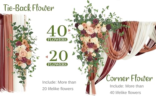 Wedding Arch Flowers with Drapes Kit (Pack of 5) - 2pcs Artificial Sunset Terracotta & Burgundy Deluxe Swag with 3pcs Sheer Drapes for Wedding Ceremony Arbor Reception Backdrop Decoration - color: Terracotta & Burgundy & Cream