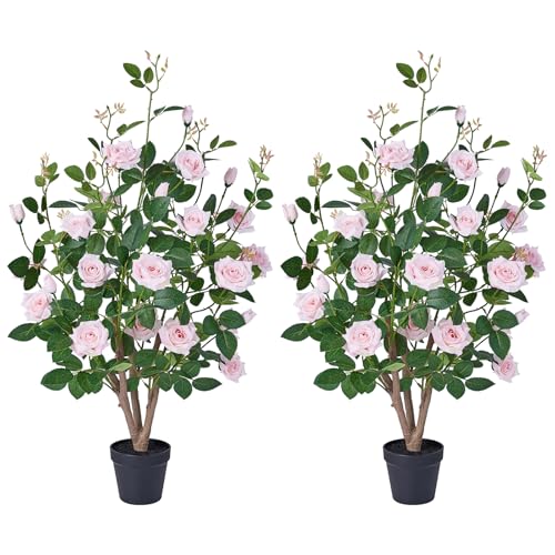 VeriNatural Fake Rose Plants,3Ft(36") Pink Artificial Roses,UV-Resistant Faux Silk Flowers for Indoor Outdoor,Potted Faux Trees for Home Decor, Courtyard,Patio, Front Porch Topiary Set of 2 - color: Pink, size: 3ft