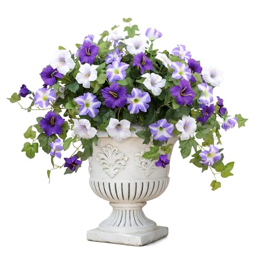 Artificial Flowers for Outdoors,2 PCS Purple Faux Morning Glory UV Resistant Silk Flowers for Outdoor Planters Garden Balcony Porch Decor Realistic Fake Flowers for Spring Decoration - color: Purple, size: 2 Bundles