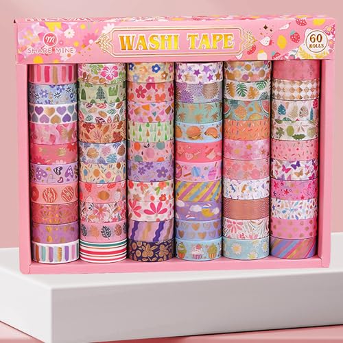 60 Rolls Floral Washi Tape Set,Flower Patterns Decorative Skinny Blooms Masking Tapes with Gold Foil Supplies for Arts,Scrapbook,Planner,DIY Arts and Crafts,Gift Wrapping