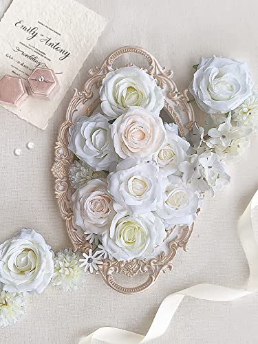 FACINOC Roses Artificial Flowers White Fake Flower Bulk for DIY Wedding Bouquet Bridal Baby Shower Decorations Party Table Centerpiece Silk Floral Arrangements Home Decor Indoor Cream Ivory Box - color: White, Ivory, Cream