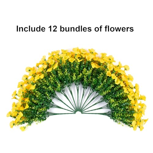 Artificial Flowers for Outdoors Fake Flowers Plants for Spring Summer Decor, 12 Bundles Silk Morning Glory with Eucalyptus Look Real UV Resistant Yellow Faux Flowers for Outside Planters Yard Patio - color: Yellow