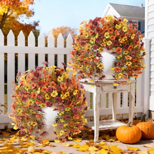 INQCMY Artificial Fake Fall Flowers for Outdoors Faux Mums UV Resistant | 2 Pcs fall silk hanging flowers,fall decorations for home, look real Faux flowers for outside Home planter porch patio decor - color: Orange,brown,yellow