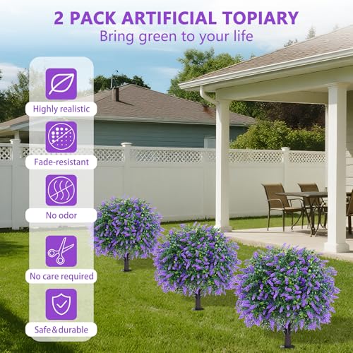 Yangrass Artificial Lavender Topiary Ball Trees with Ground Spike, Set of 2 UV Resistant Artificial Shrubs, Fake Evergreen Artificial Plant Bush for Indoor Outdoor Front Porch Garden - color: Lavender