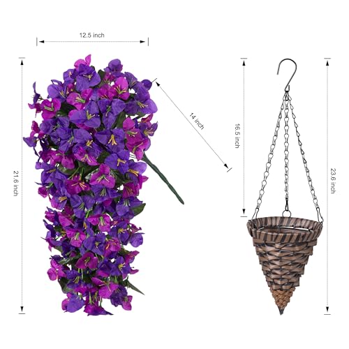 Artificial Bougainvillea Faux Flowers Plants Baskets for Outdoor Outside Decoration, 3PCS Fake Silk Flowers Long Trailing Vines UV Resistant Realistic for Front Door Porch Patio (Dark Purple Fuchisa) - color: Dark Purple Fuchisa