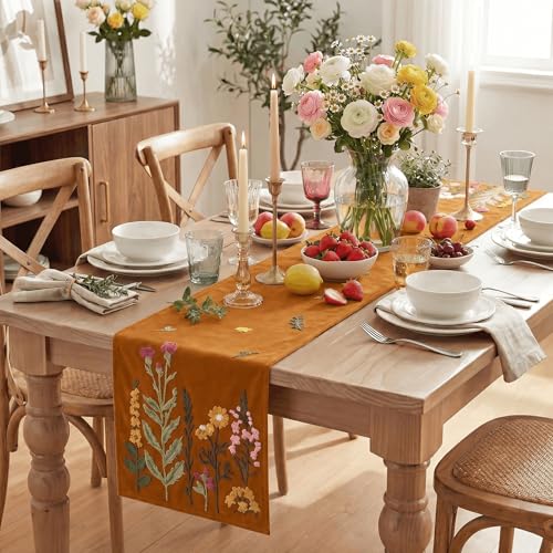 Artoid Mode Caramel Soft Chain Embroidery Wild Floral Fall Table Runner, Seasonal Spring Kitchen Dining Table Decoration for Home Party Decor 13x72 Inch - color: Caramel, size: 13" x 72", Table Runner
