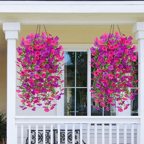 Dolicer 8 Pcs Look Real Artificial Flowers for Outdoors, Realistic Fake Artificial Hanging Flowers for Outdoors UV Resistant Silk Faux Hanging Plants Flowers for Porch Patio Garden (Purple+Fuchsia) - color: Purple+fuchsia, size: 8 Pcs