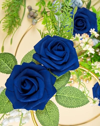 DuHouse 25Pcs Artificial Roses Flowers Fake Roses with Stems Real Touch Foam Flowers for DIY Wedding Bouquet Party Centerpiece Floral Arrangement Party Home Decor (Royal Blue-A) - color: Royal Blue-a, size: 25pcs
