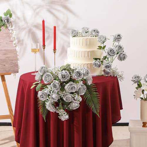 Hawesome 12PCS Artificial Silk Flowers Realistic Roses Bouquet Long Stem for Home Wedding Decoration Party (Silver, 12Pcs Flowers) - color: Silver, size: 12Pcs Flowers