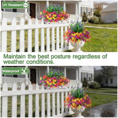 Artificial Flowers for Outdoors UV Resistant, 14 Bundles Fake Flowers Daisy with Lavender Faux Outdoor Plants Silk Flower for Outside Planters Patio Porch Window Garden Yard Spring Summer Decoration - color: Purple Red Orange Yellow