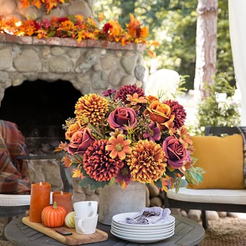 3 Pcs Fall Flowers Artificial Mums Silk Chrysanthemum Rose Daisy Bouquet Fake Mum Faux Floral Arrangements Home Indoor Outdoor Planter Decor Party Wedding Table Autumn Decoration - color: Fall Colors -a