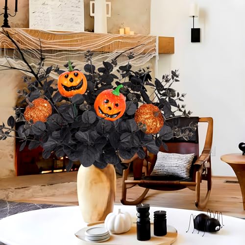 Yen Jean 12PCS Black Halloween Pumpkin Decorations Indoor Artificial Fake Flowers: Eucalyptus Branches Stems Table Centerpieces Decor - style: halloween with pumpkin