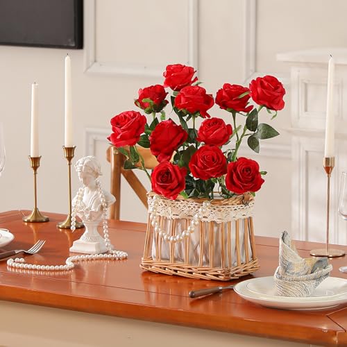 Red Fake Roses Artificial Flowers - 10 Pcs Fake Artificial Roses Silk Flowers with Stems for Home Wedding Hotel Office Centerpiece Decor - color: Red, size: 10 Pcs
