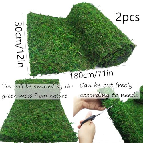 FAICOIA 2 Pcs Floral Moss Rug Roll Dried Moss Sheets for Crafts Table Runner Fairy Gardens Wedding Woodland Decor 12" x 71" Preserved Green Moss Mat for Forest Decoration Carpet Grass Wall 30x180cm - color: 2 Pcs 12 x 71 Inch/30 x 180 cm
