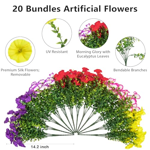 Bassion Artificial Flowers for Outdoors, 20 Bundles Silk Fake Flowers UV Resistant Realistic Morning Glory Faux Eucalyptus Plants for Outside Planters Porch Window Box Garden Indoor Decor - color: Multi Color