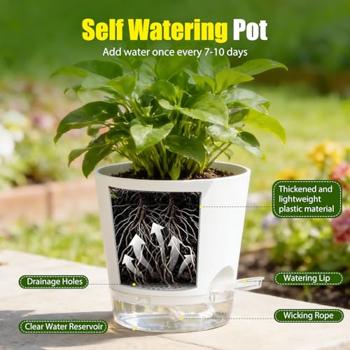 Plant Pots 4 Inch Self Watering Pots,6 Pack Plastic Planters with Drainage Holes and Clear Saucers,Plastic Flower Pots,Nursery Planting Pot for Indoor Out Door Plants (White) - color: White, size: 4 inch